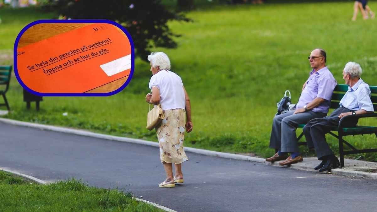 Personas mayores en un parque y detalle del sobre naranja sueco que informa sobre las pensiones