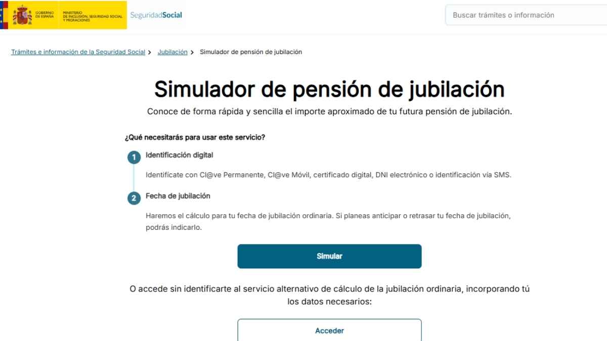“Página del simulador de pensión de jubilación del INSS que permite calcular la pensión con datos reales.