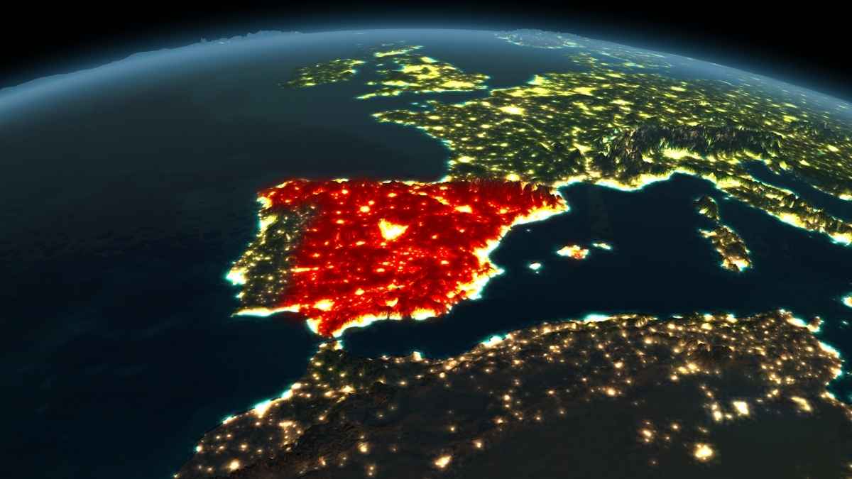 Mapa de España iluminado visto desde el espacio relacionado con el subsidio del SEPE para emigrantes retornados