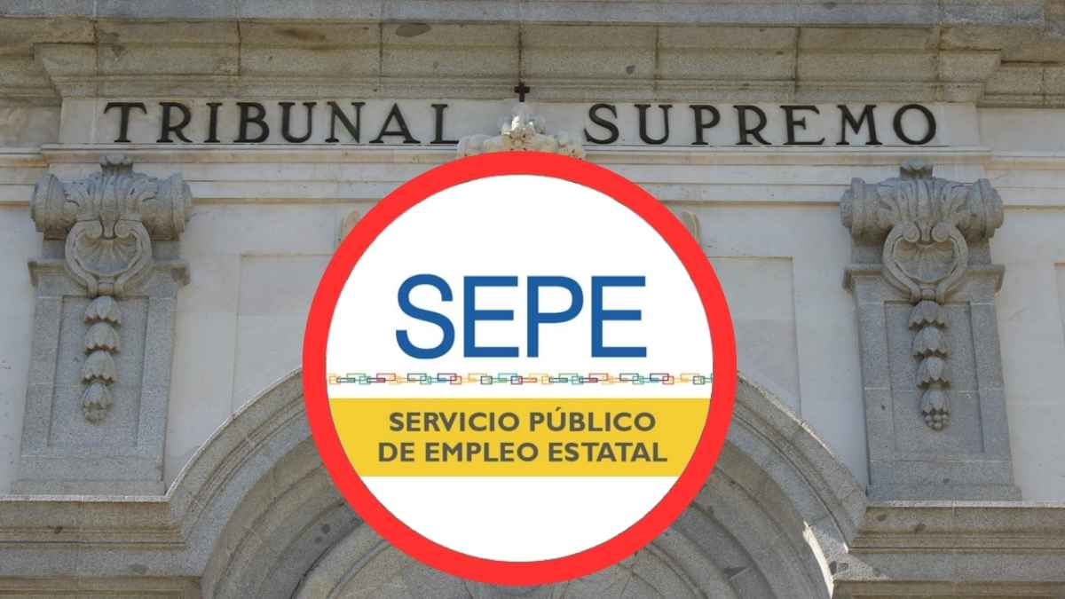 Fachada del Tribunal Supremo con el logotipo del SEPE en referencia a la sentencia sobre el subsidio para mayores de 52 años.