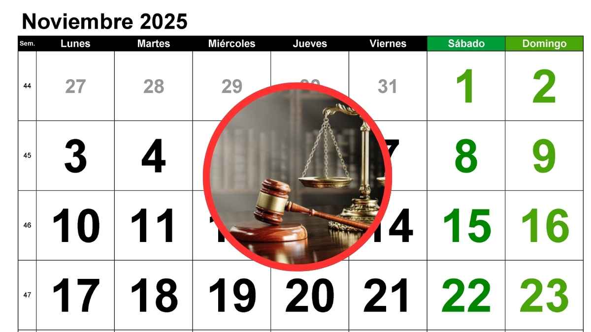 Calendario de noviembre con fines de semana marcados junto a una imagen de justicia representando los cambios de horario anulados por el Supremo