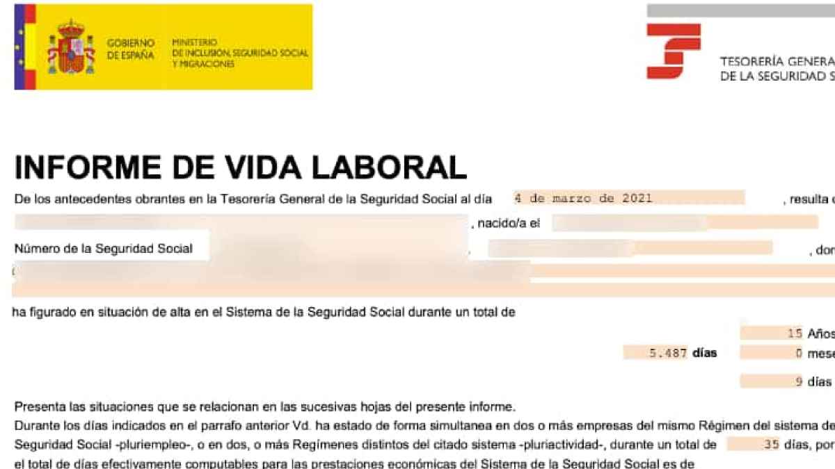 Informe de vida laboral emitido por la Tesorería General de la Seguridad Social con los datos de cotización de un trabajador.
