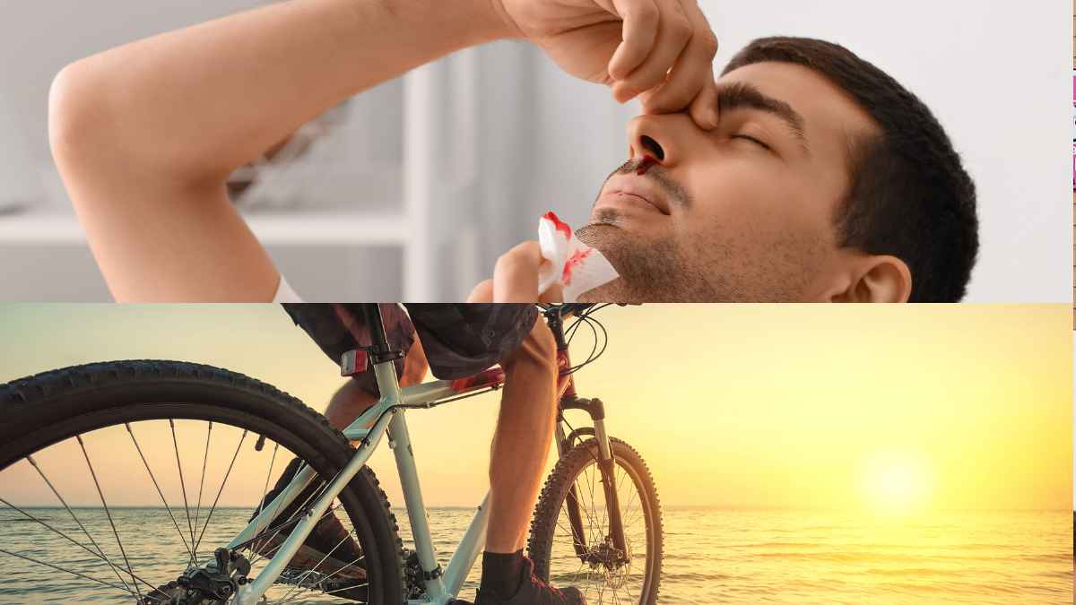 Hombre con hemorragia nasal y bicicleta en la playa durante una ruta deportiva