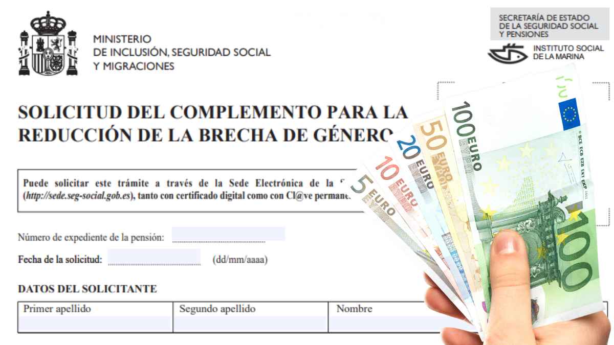 Solicitud del complemento de brecha de género de la Seguridad Social junto a una mano sosteniendo billetes de euro