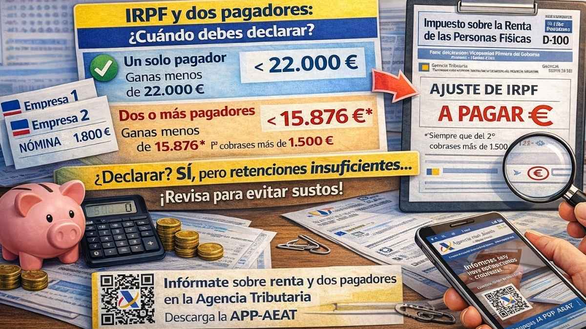 Infografía sobre el IRPF con dos pagadores que explica cuándo declarar la renta y por qué no se pagan más impuestos