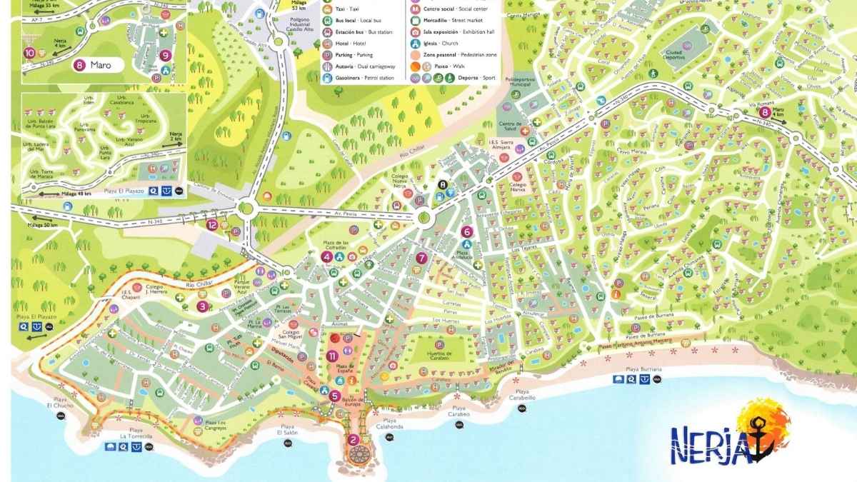 Mapa turístico de Nerja (Málaga) con ubicación de playas, barrios y servicios municipales