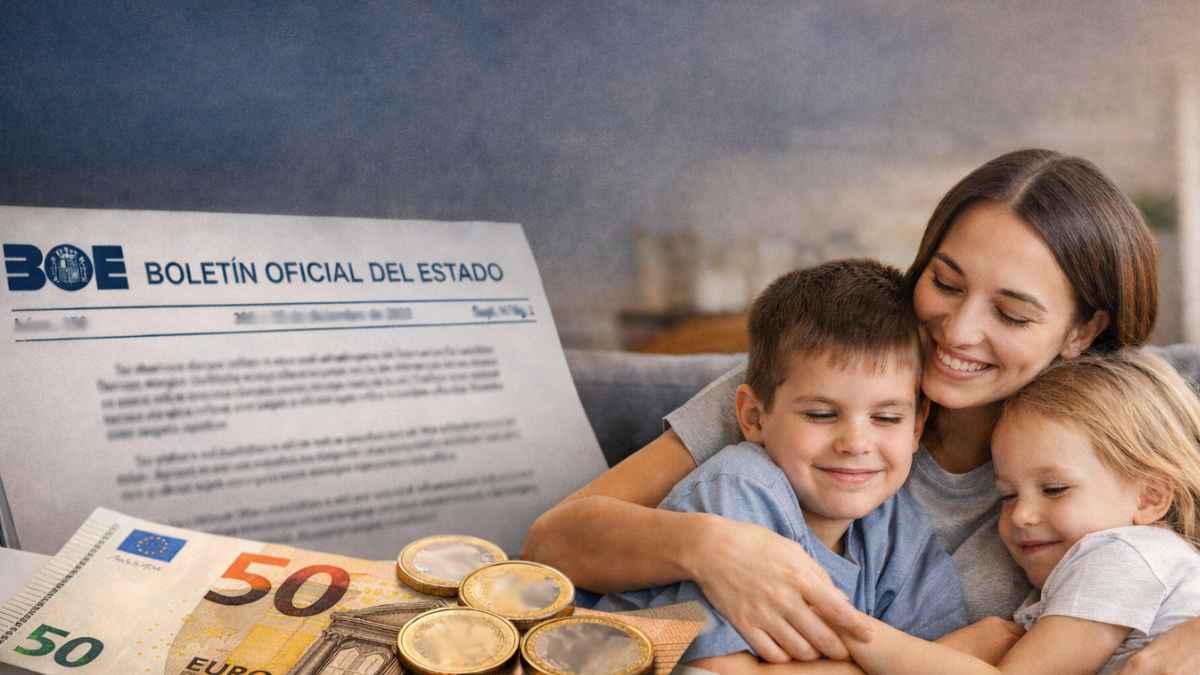 Madre con dos hijos junto a un billete de 50 euros y el BOE sobre la ayuda por hijo a cargo en 2026