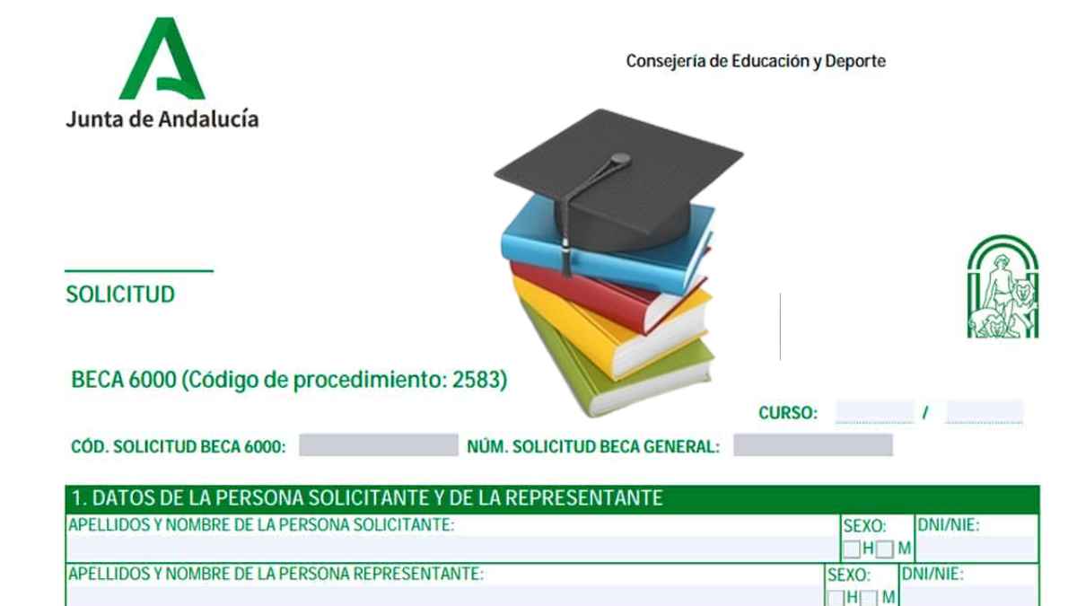 Formulario oficial de solicitud de la Beca 6000 de la Junta de Andalucía para Bachillerato y FP de Grado Medio