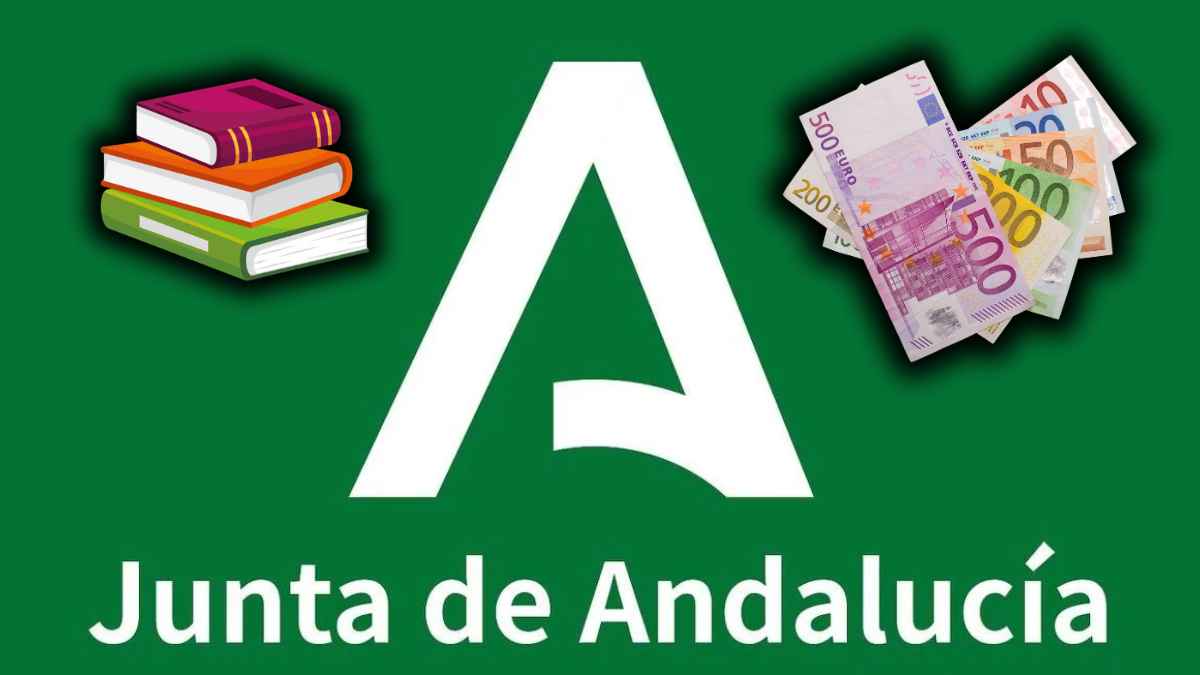 Logo de la Junta de Andalucía junto a libros y billetes de euros representando las becas educativas 6000, BASO y Adriano