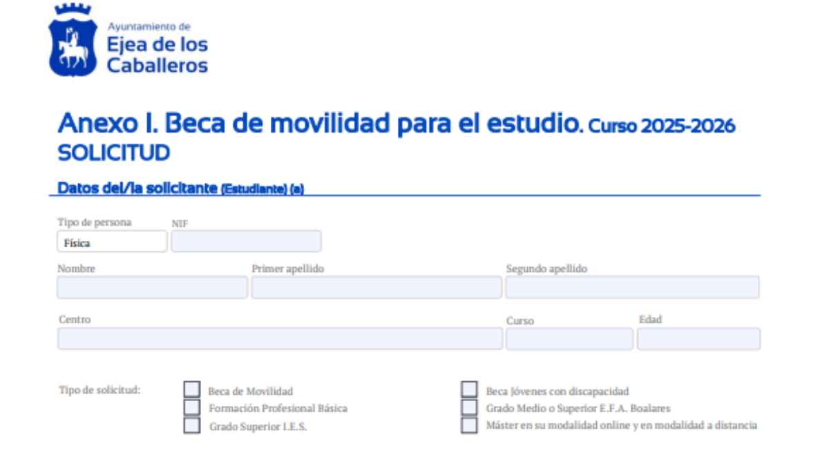 Formulario oficial de solicitud de la Beca de Movilidad para el Estudio 2025-2026 del Ayuntamiento de Ejea de los Caballeros