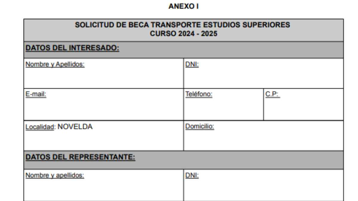 Formulario de solicitud de la beca de transporte público para estudios superiores en Novelda curso 2024-2025
