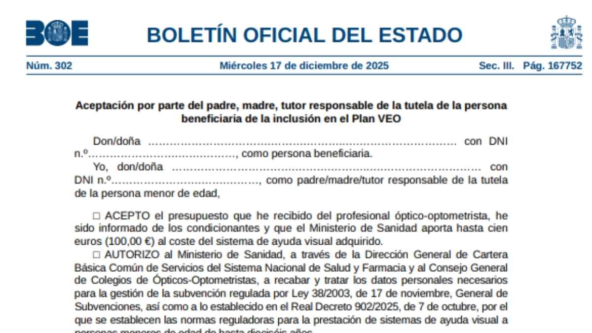 Formulario del BOE para solicitar la ayuda de 100 euros del Plan VEO para gafas y lentillas