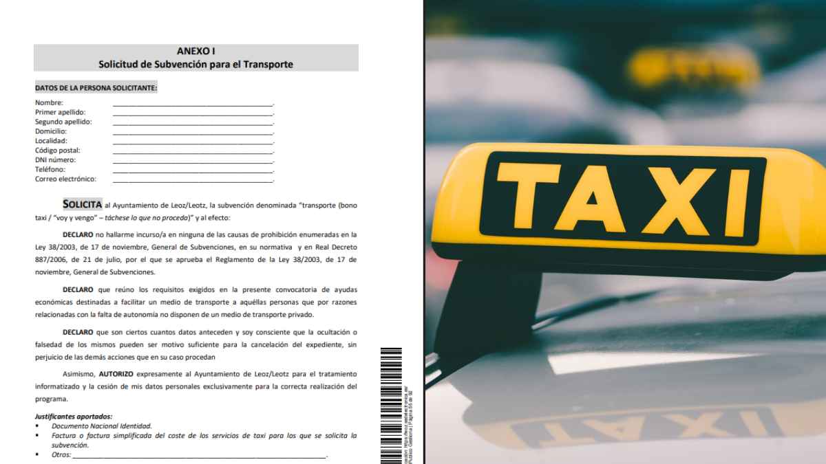 Solicitud del Bono Taxi del Ayuntamiento de Leoz junto a un taxi para ayudas de transporte de hasta 500 euros