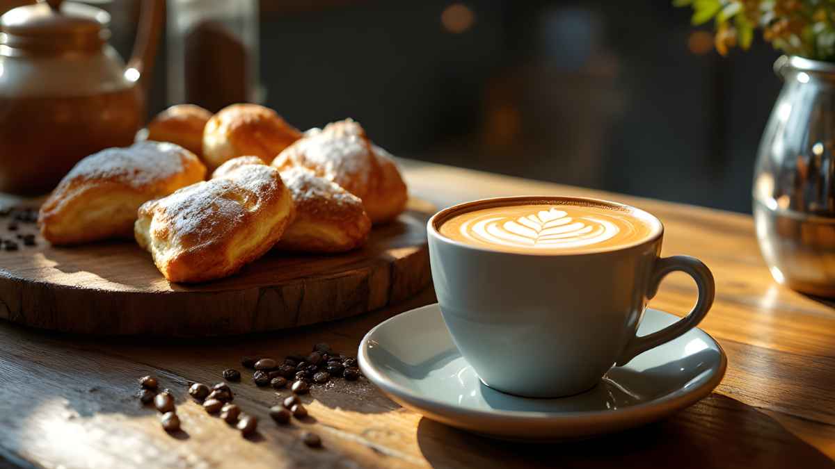 Taza de café con arte latte junto a bollería casera en una cafetería moderna