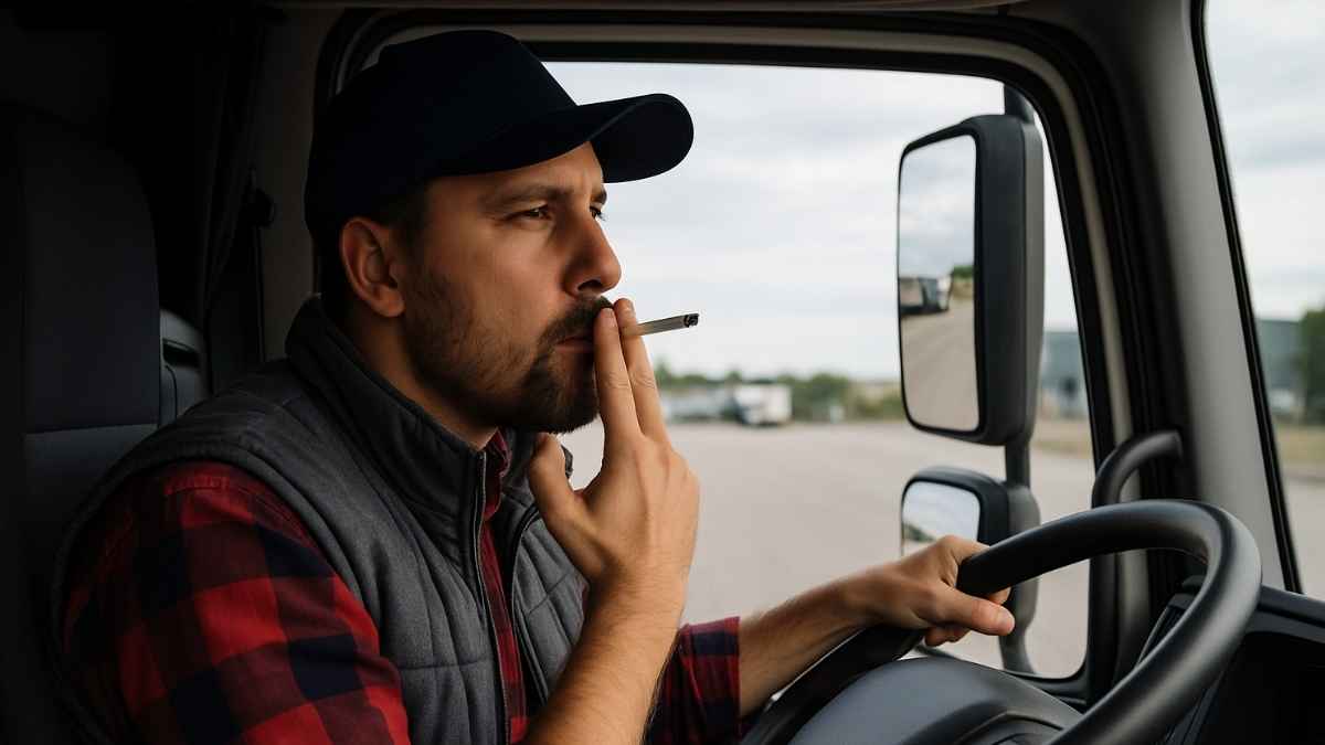Conductor de camión fumando dentro de la cabina mientras sujeta el volante.