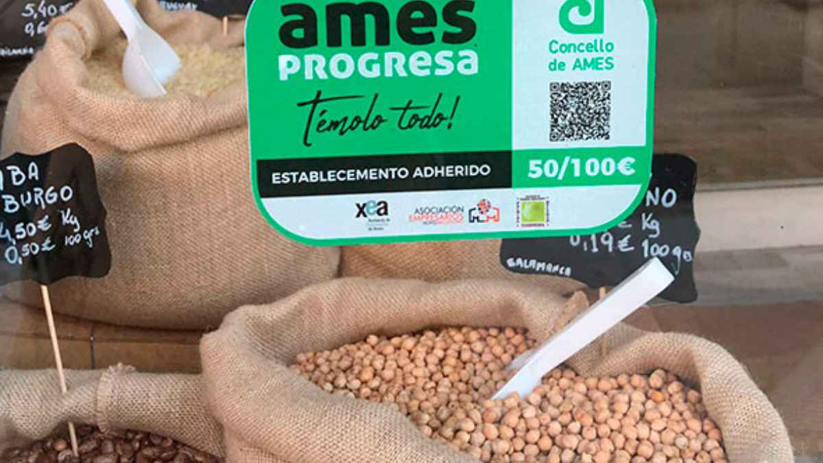 Cartel de Ames Progresa en un comercio local adherido a los descuentos municipales