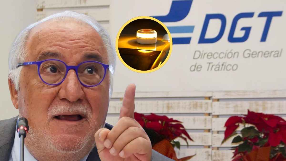 Director de la DGT explicando los bulos sobre la baliza V16 obligatoria junto a una imagen del dispositivo luminoso