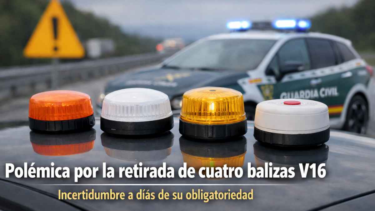 Balizas V16 sobre el capó de un coche con patrulla de la Guardia Civil al fondo tras la retirada de su homologación por la DGT