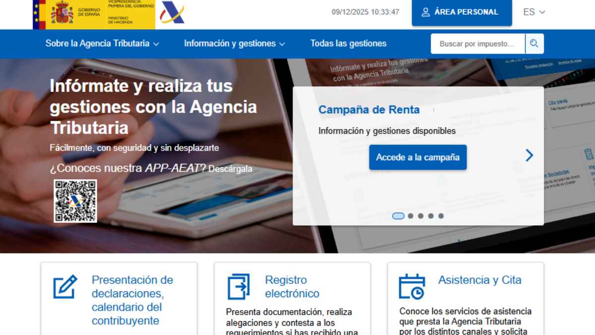Página principal de la Agencia Tributaria con acceso a la campaña de la Renta