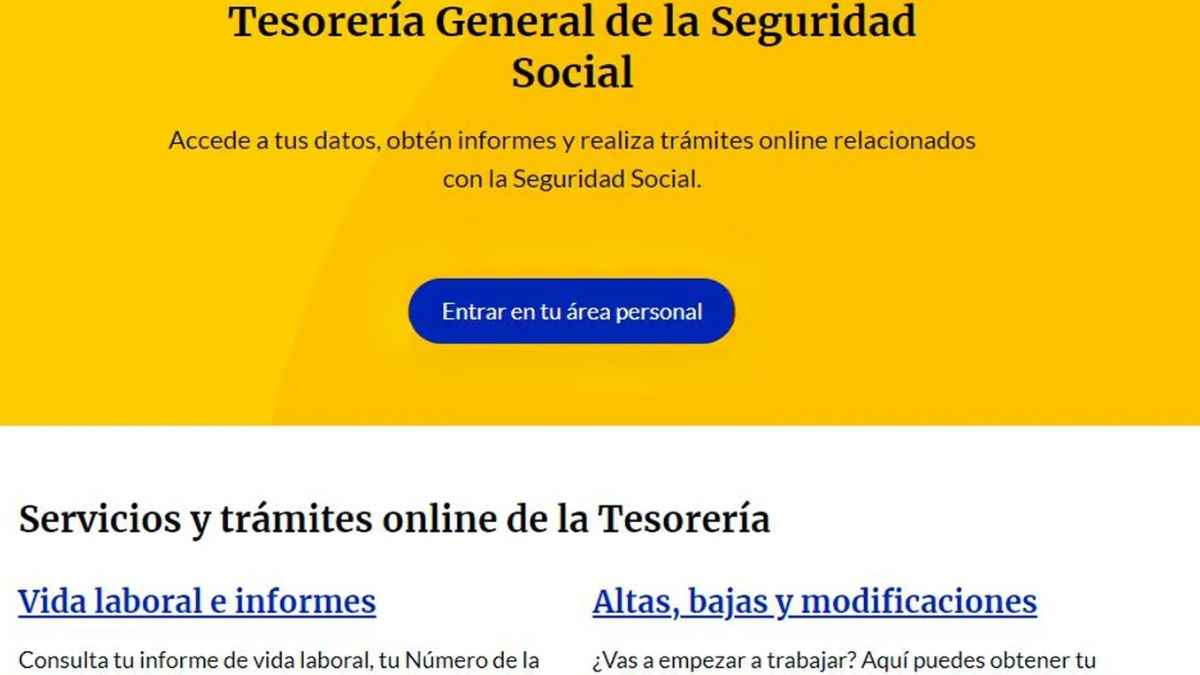 Página de la Tesorería General de la Seguridad Social con acceso a trámites online