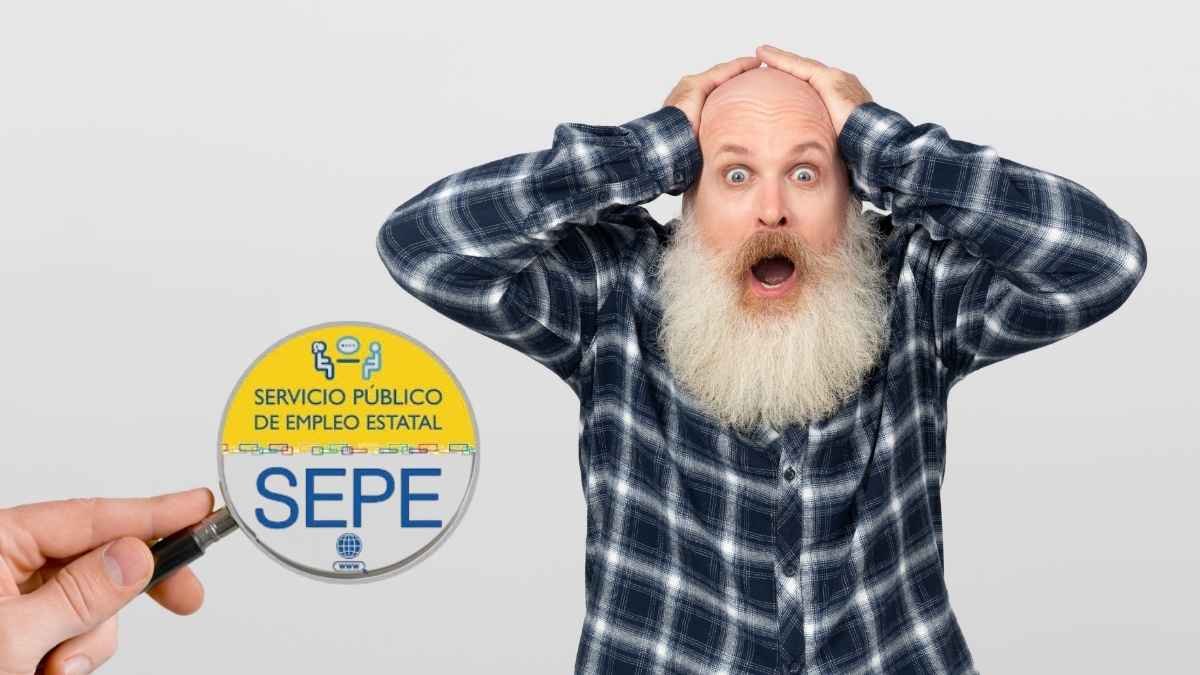 Hombre mayor sorprendido junto al logotipo del SEPE por la suspensión del subsidio al cumplir la edad de jubilación