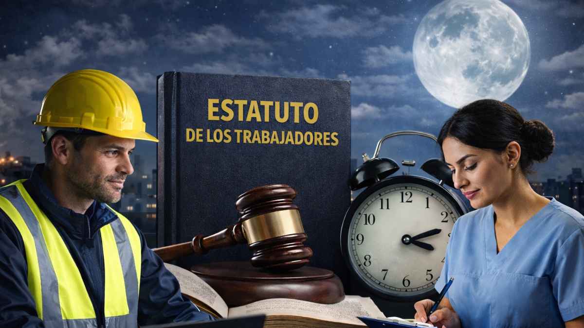 Trabajadores en turno de noche junto al Estatuto de los Trabajadores y un reloj que marca horario nocturno