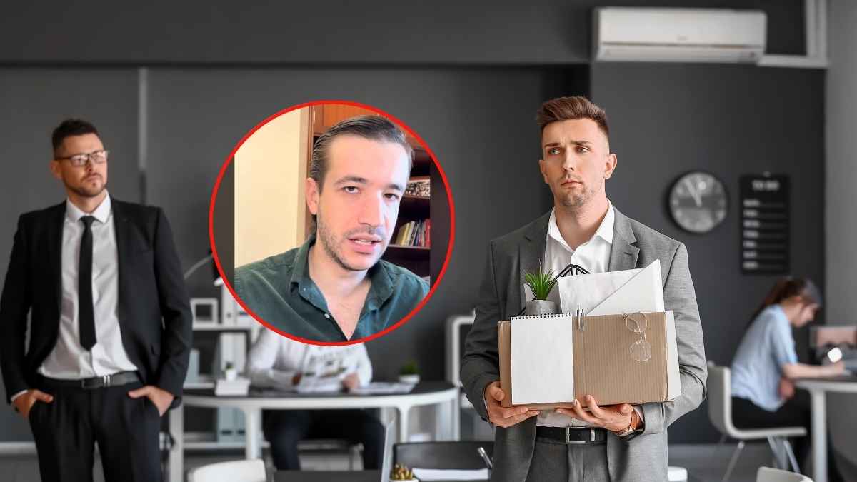 Empleado con caja de objetos personales tras un despido y aparición de un abogado explicando la diferencia entre finiquito e indemnización.