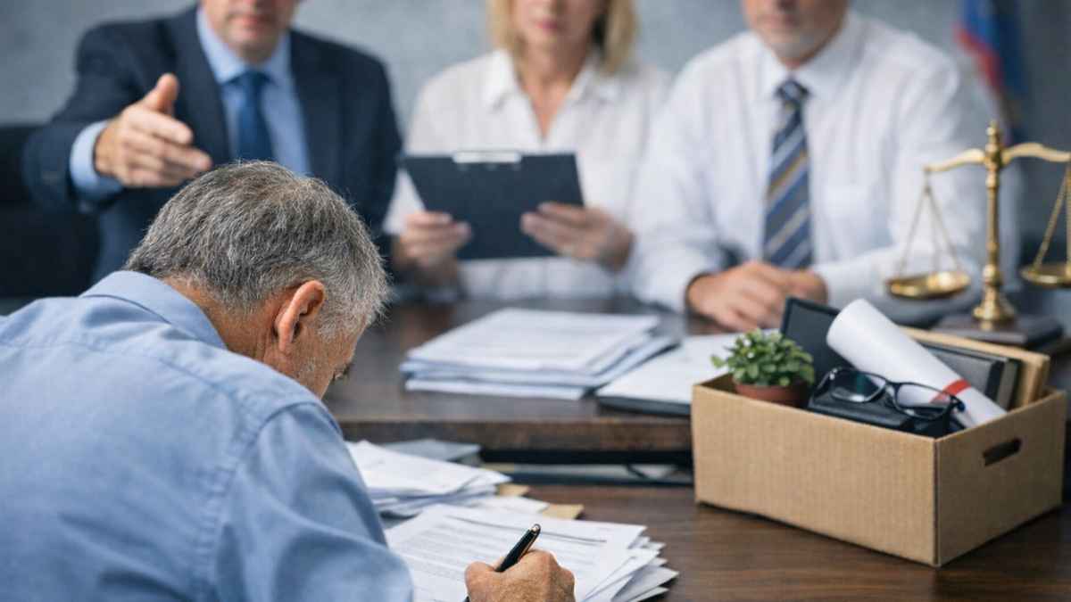 Trabajador a punto de jubilarse firmando documentos ante responsables de la empresa tras una salida laboral controvertida