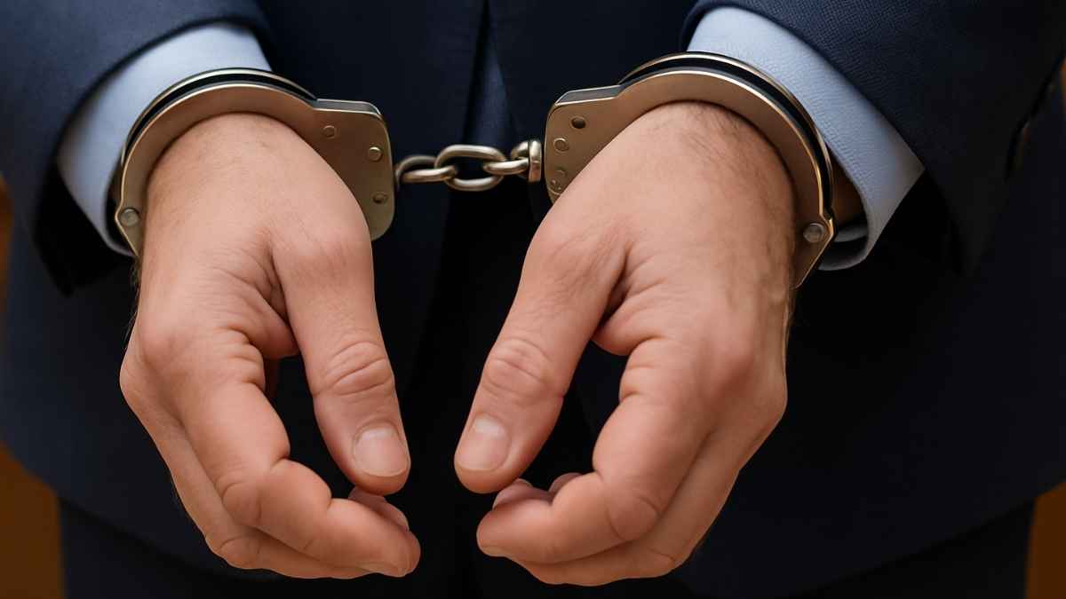 Manos de un funcionario con esposas tras ser condenado por altas ficticias en la Seguridad Social