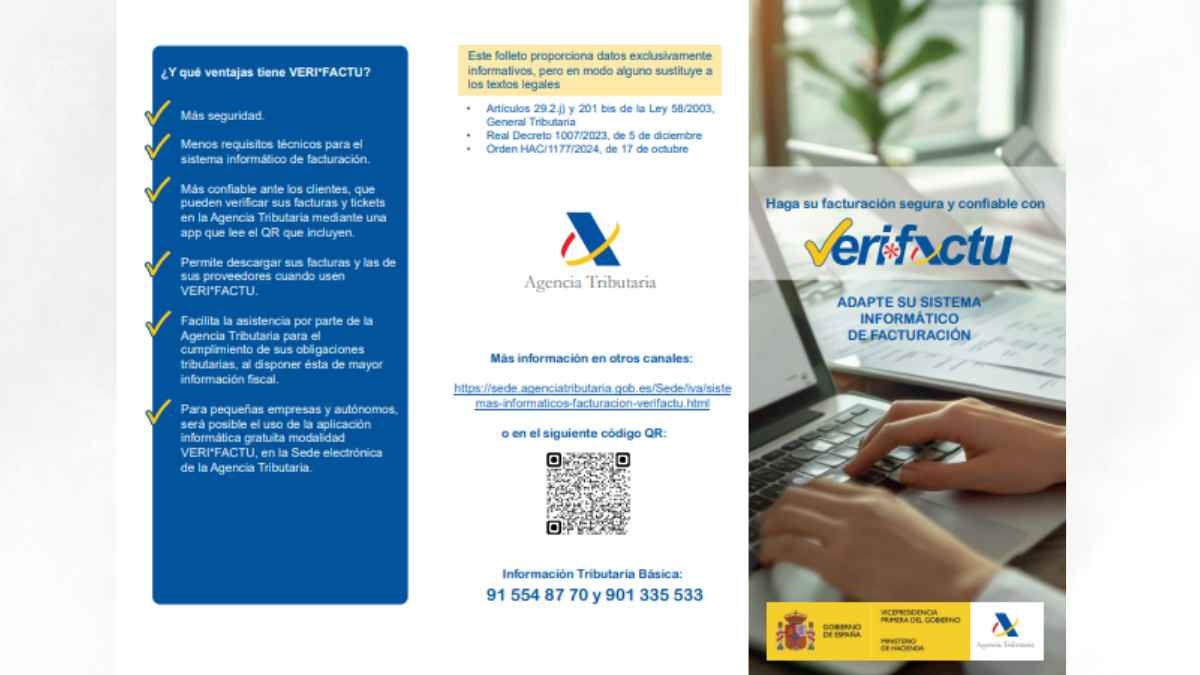Folleto informativo de la Agencia Tributaria sobre el sistema Verifactu para facturación segura y adaptación de autónomos y pymes.