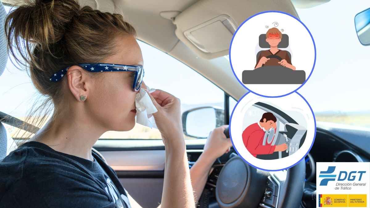 Mujer conduciendo con gripe mientras se suena la nariz, imagen sobre el riesgo de conducir medicado según la DGT
