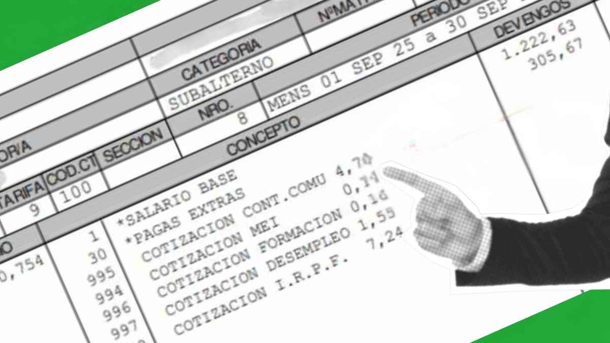 Detalle de una nómina con la cotización del MEI que sube en 2026 y afecta a pensiones y salarios