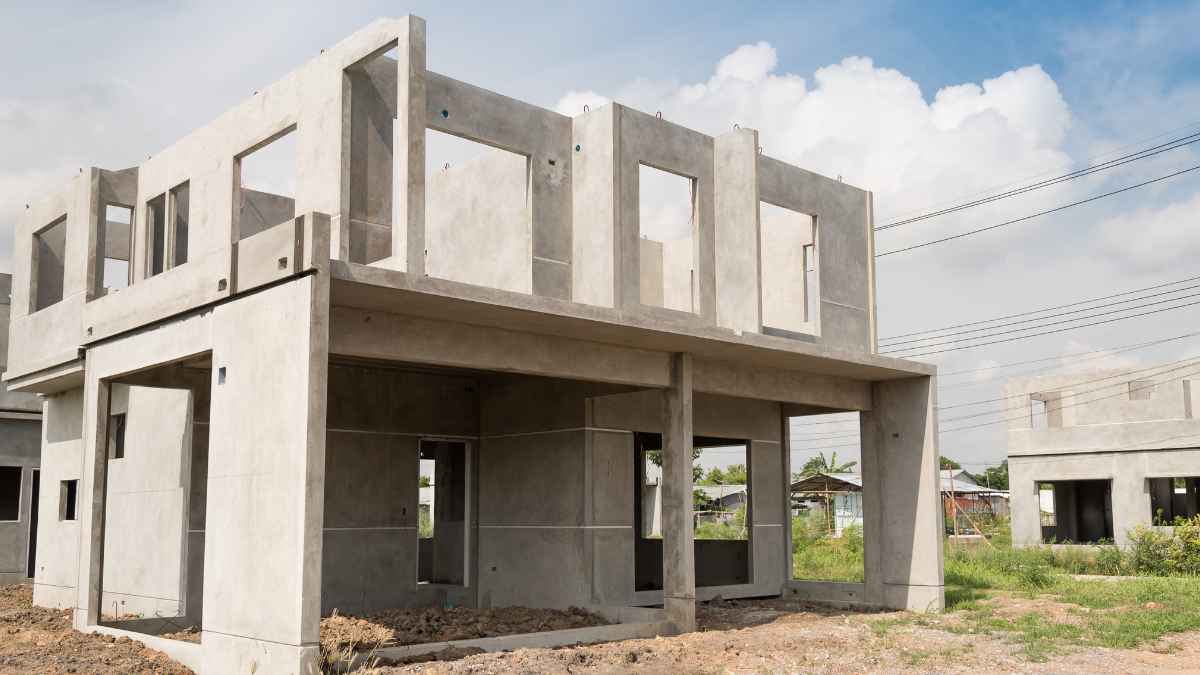 Estructura en construcción de una casa prefabricada de hormigón en un terreno despejado