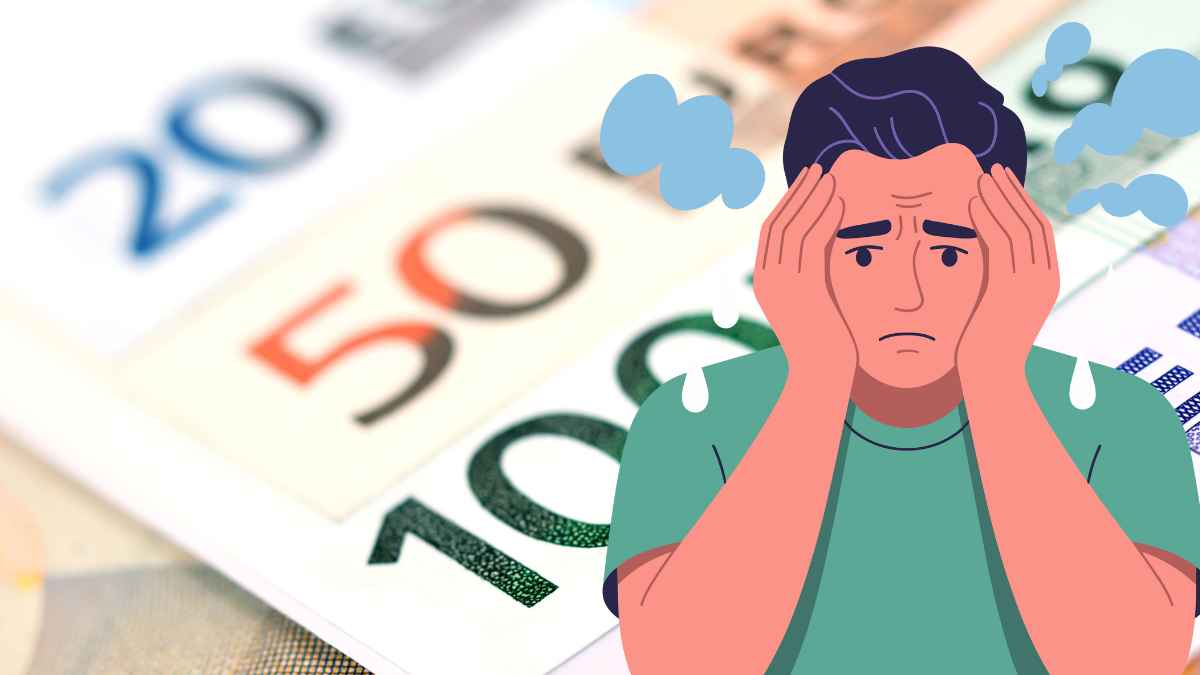 Ilustración de una persona angustiada por deudas sobre billetes de euro relacionada con el problema de los mini créditos en España