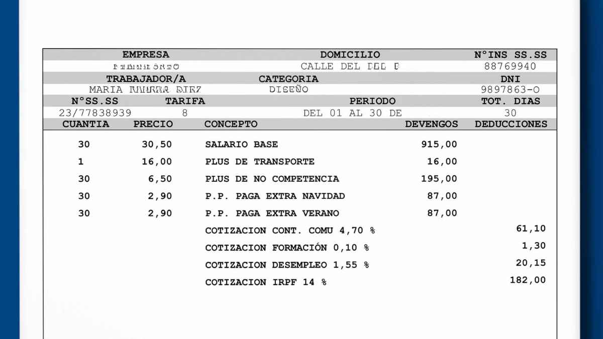 Ejemplo de nomina con salario base devengos y deducciones como irpf y cotizaciones en diciembre