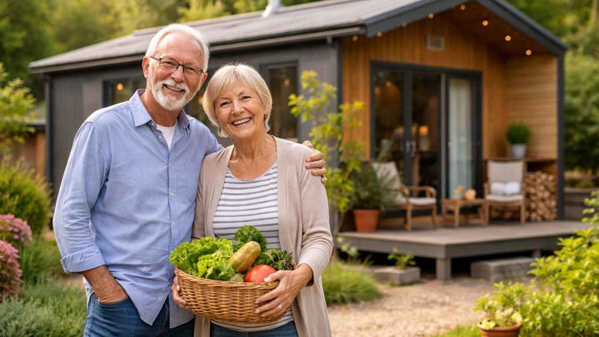 Pareja de jubilados frente a su casa de 42 metros cuadrados tras reducir su vivienda para llevar una vida más sencilla
