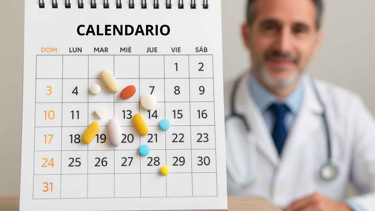Calendario con pastillas señalando días de tratamiento y un médico de fondo desenfocado.