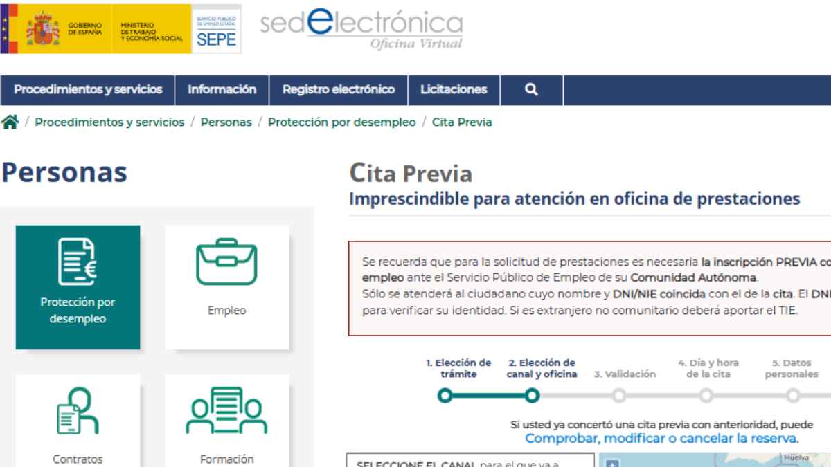 Página de cita previa del SEPE para solicitar prestaciones por desempleo
