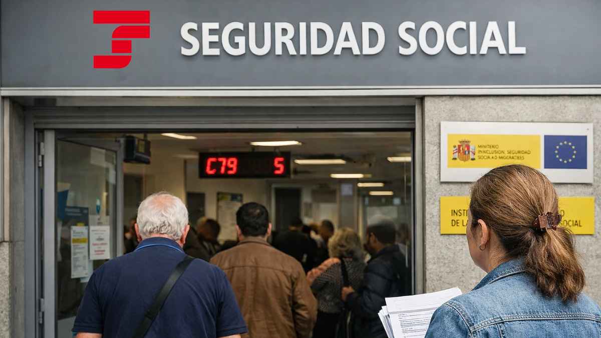 Personas esperando en la entrada de una oficina de la Seguridad Social en España durante un trámite por baja médica