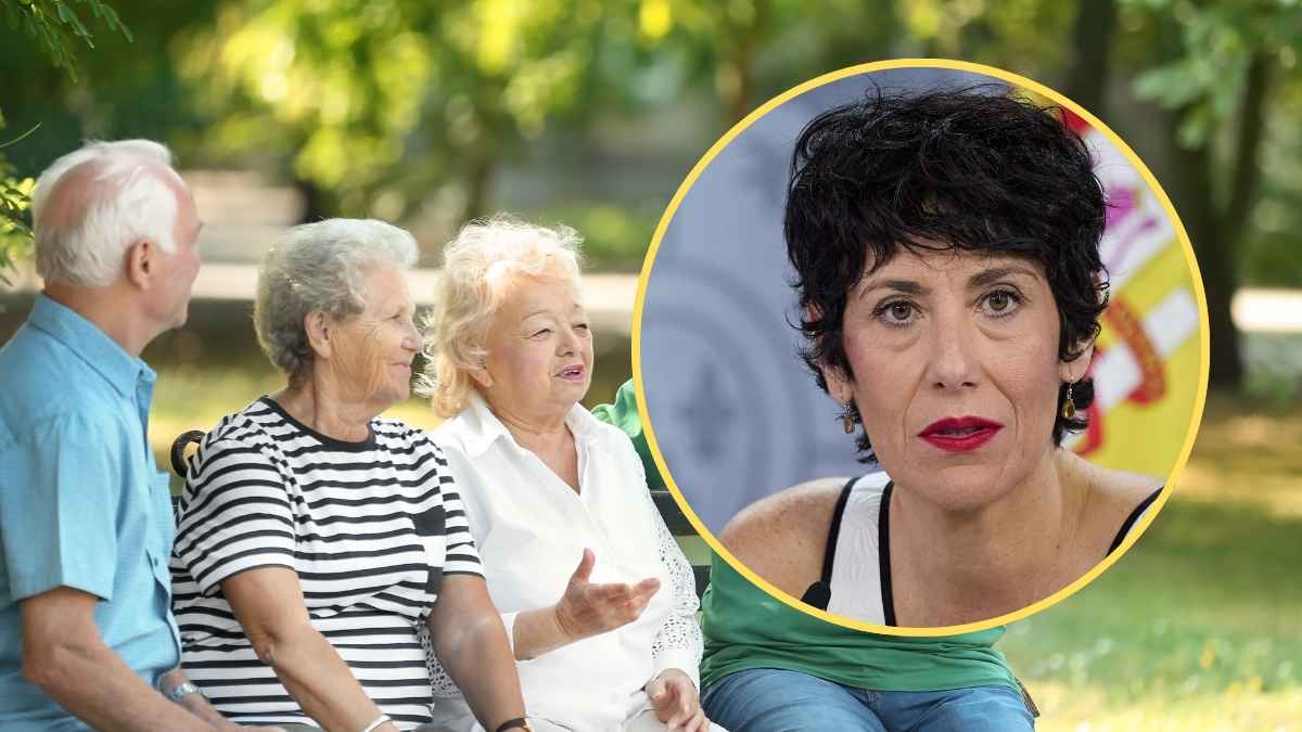 Personas pensionistas conversando al aire libre junto a imagen institucional relacionada con el aviso de la Seguridad Social para 2026