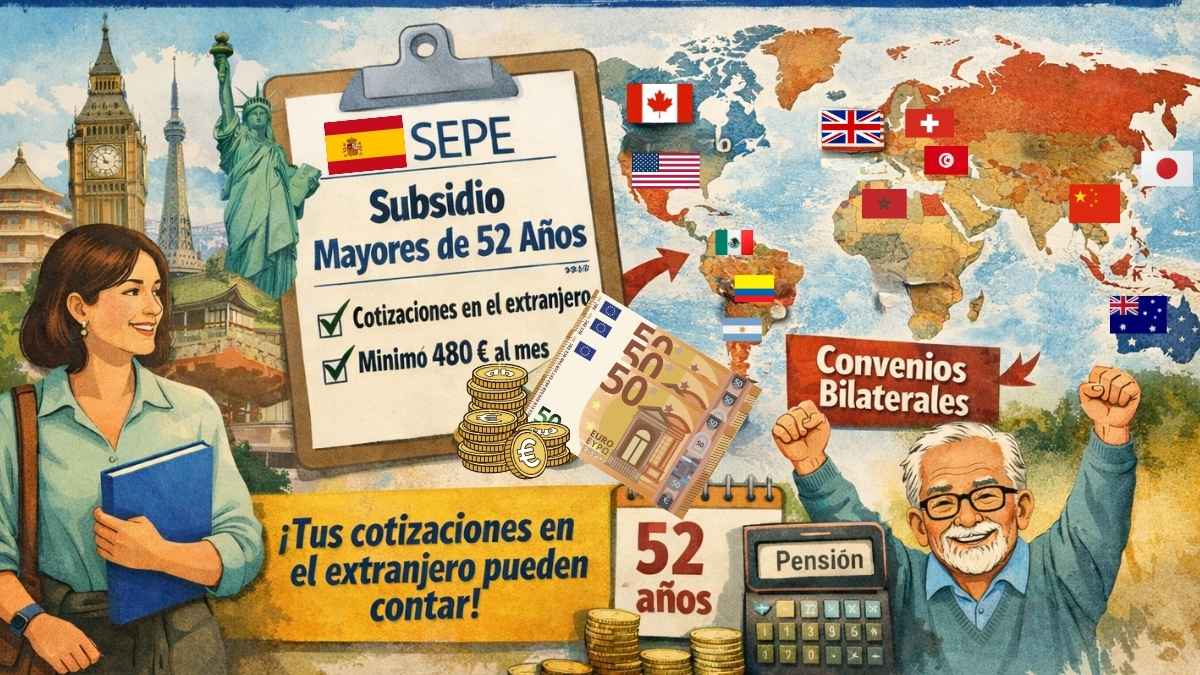 Ilustración del SEPE sobre el subsidio para mayores de 52 años con cotizaciones en el extranjero y países con convenios bilaterales