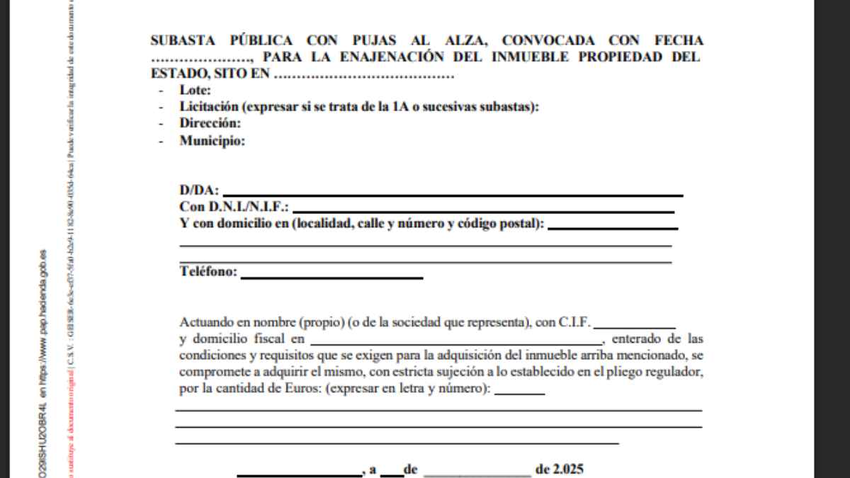 documento oficial de subasta publica de hacienda utilizado para participar en la venta de fincas rusticas en teruel