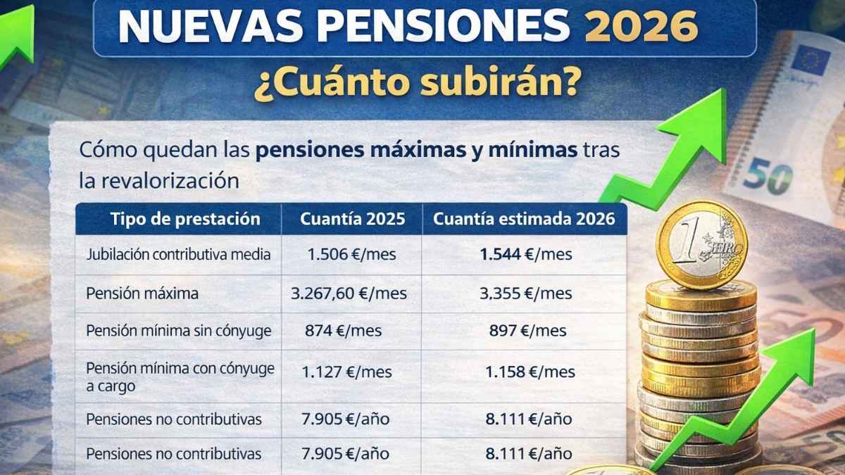 Tabla con la subida de las pensiones en 2026, mostrando pensión máxima, mínima y jubilación tras la revalorización automática