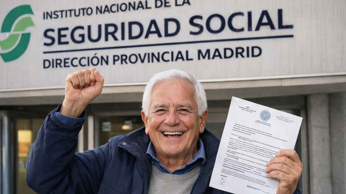 Jubilado celebra sentencia favorable frente a la Seguridad Social en Madrid mostrando documento oficial