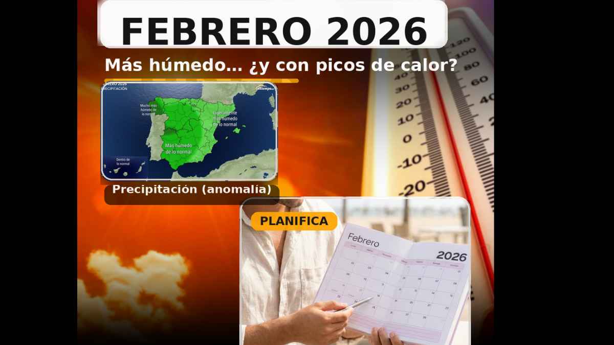 Mapa de España con previsión de febrero 2026 más lluvias de lo normal y subida de temperaturas, según AEMET