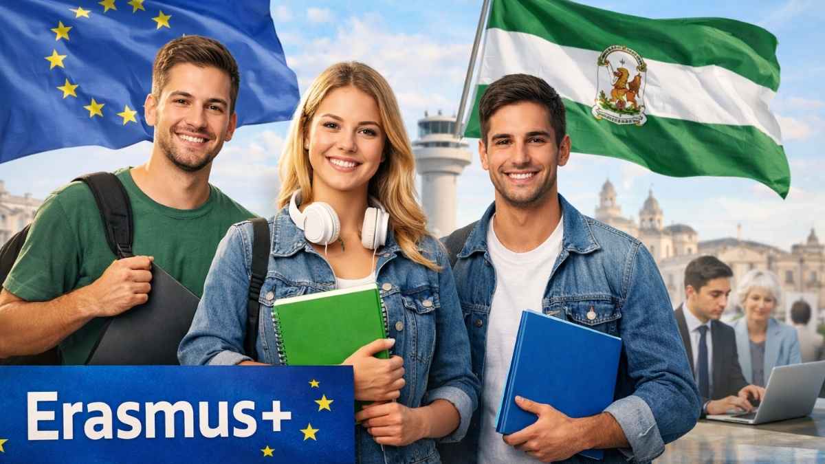 Estudiantes de FP andaluces con mochilas y cuadernos junto a las banderas de la UE y Andalucía en una imagen de Erasmus+