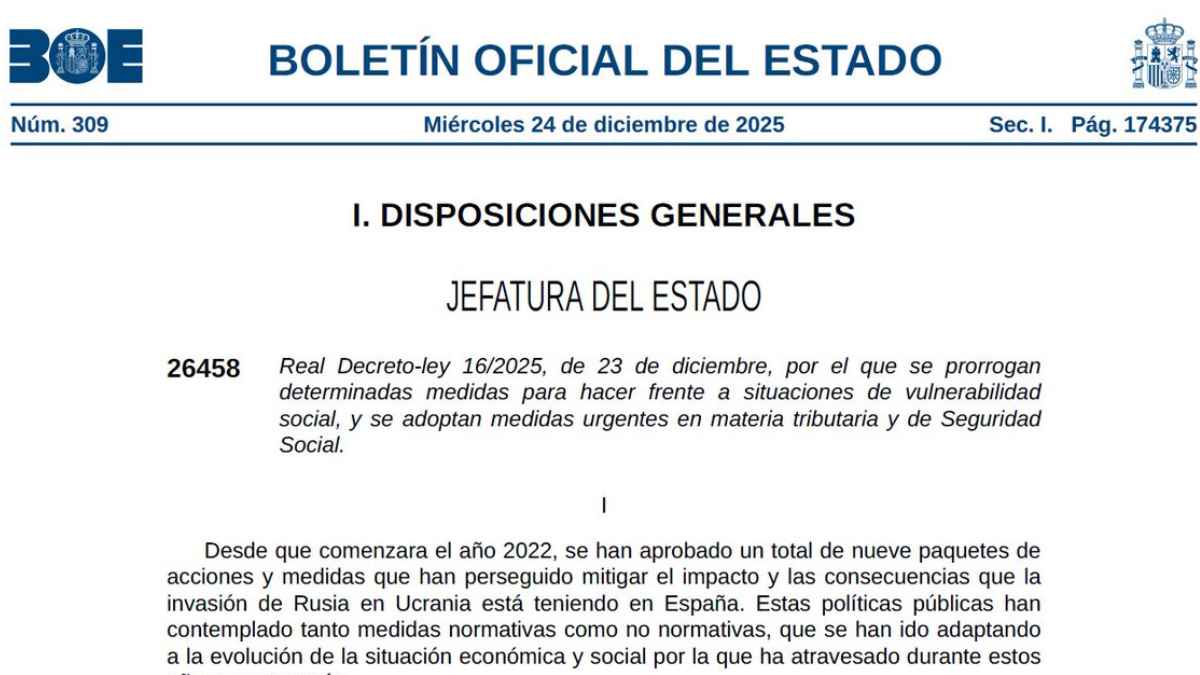 Captura del BOE con el Real Decreto-ley 16/2025 de 23 de diciembre, sobre medidas urgentes de Seguridad Social