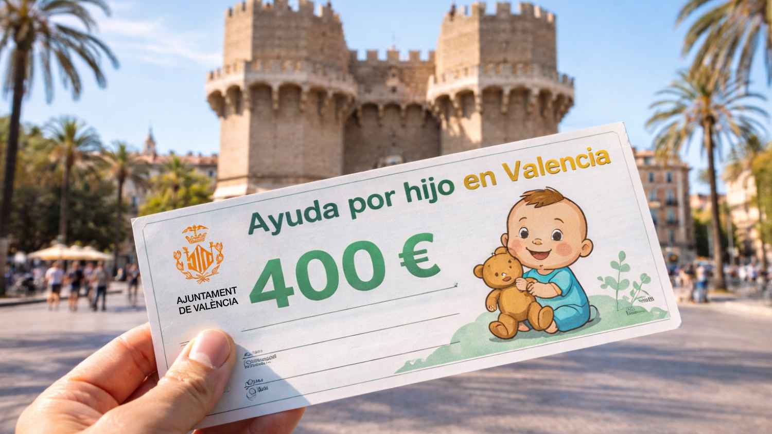Cheque bebé de 400 euros en Valencia, con las Torres de Serranos al fondo y un dibujo de un bebé con un osito de peluche