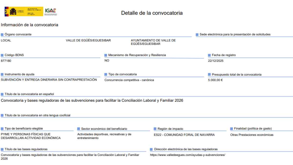 Detalle oficial de la convocatoria de ayudas de conciliación laboral y familiar 2026 del Ayuntamiento del Valle de Egüés en Navarra