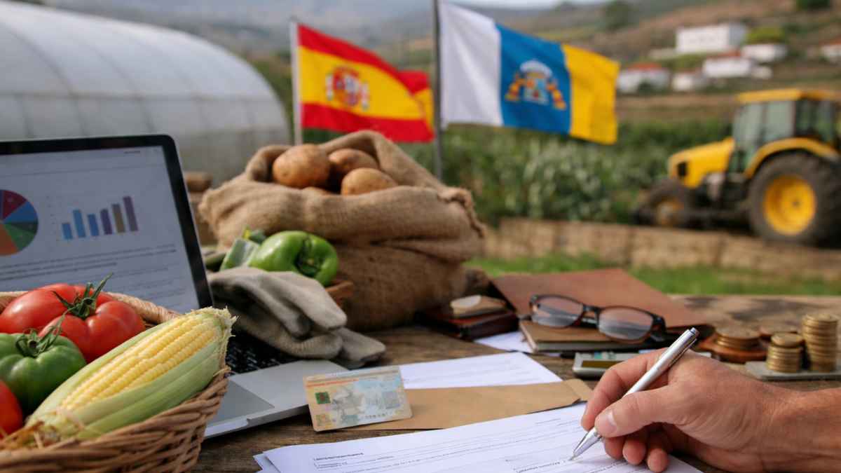 Mano rellenando una solicitud de ayudas PEPAC 2026 para promocionar productos agrícolas de calidad en Canarias